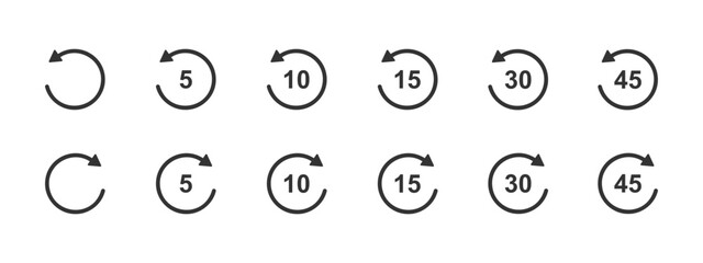 Rewind and fast forward icons with circle arrows and 5, 10, 15, 30 second numbers. Round repeat and next buttons isolated on white background. Player playback elements set. Vector graphic illustration