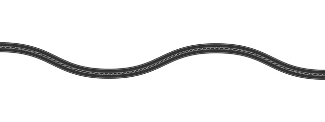 Fototapeta premium Curved asphalt road with marking. Aerial view. Seamless highway template. Part of city, suburban or countryside roadway isolated on white background. Vector flat illustration
