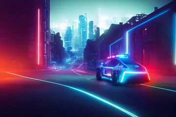 Fototapeta na wymiar Neon lit electrified police car on a city street illustration
