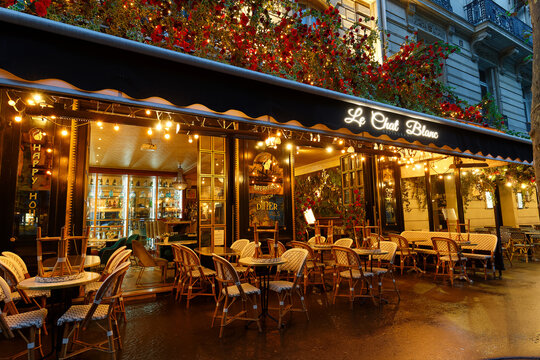 The traditional parisian resaurant Le Chat Blanc. It located at Fraklin Roosevelt avenue in Paris, France.