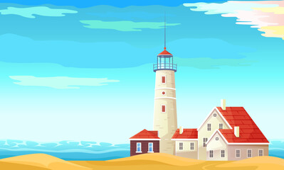 Peaceful seaside landscape with white lighthouse on shore and building for lighthouse keeper. Element of marine landscape. Beautiful place and rock. Lighting white tower, navigation construction