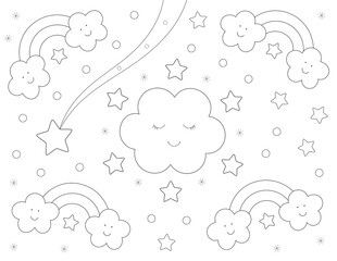 rainbow, clouds and stars easy coloring page for kids. use 8.5x11 inch paper
