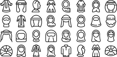 Muslim fashion icons set outline vector. Arab casual. People fashion