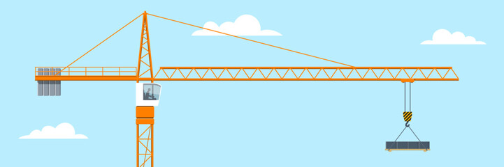 Tower crane lifting a load on blue sky background. Vector banner