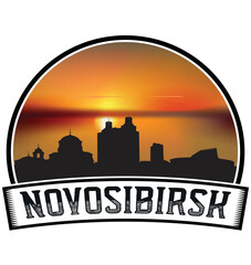 Novosibirsk Russia Skyline Sunset Travel Souvenir Sticker Logo Badge Stamp Emblem Coat of Arms Vector Illustration EPS