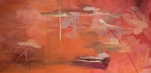 Modern art. Closeup view of a vivid and colorful abstract painting. Strong brushwork texture, pattern and colors.