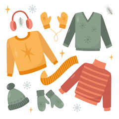 Cute winter warm knitted clothes set. Knitted Stylish clothing hat and scarf, hand gloves, sweater in Christmas style. Vector illustration isolated on white background in cartoon flat style