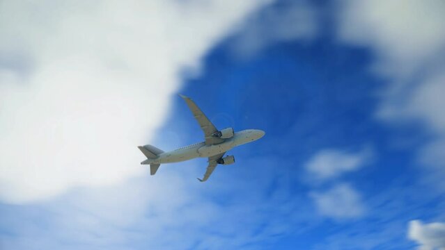 Cinematic view of a  generic commercial airplane going through clouds. Dramatic shot of an aircraft disappearing in clouds in a sunny day