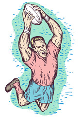 illustration of a rugby player scoring a try on isolated background