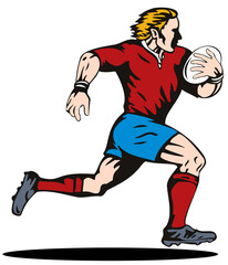 illustration of a rugby player running with the ball on isolated background