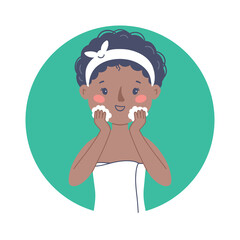 Illustration of a beautiful African American woman taking care of her skin and washing her face with foam