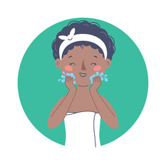 Illustration of a beautiful African American woman taking care of her skin and washing her face with water