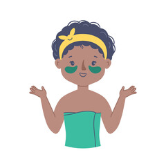 Illustration of a beautiful African American woman takes care of her facial skin and uses patches
