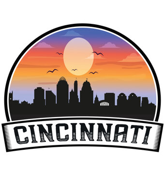 Cincinnati Ohio USA Skyline Sunset Travel Souvenir Sticker Logo Badge Stamp Emblem Coat of Arms Vector Illustration EPS