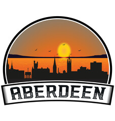 Aberdeen Scotland Skyline Sunset Travel Souvenir Sticker Logo Badge Stamp Emblem Coat of Arms Vector Illustration EPS