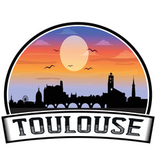 Toulouse France Skyline Sunset Travel Souvenir Sticker Logo Badge Stamp Emblem Coat of Arms Vector Illustration EPS