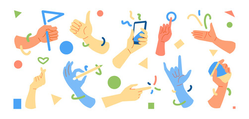 Colorful Hands element different gestures, cute, cartoon, flat, vector, illustration,