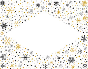 Snowflake black gold silver linear border. Merry Christmas and Happy New Year greeting card poster banner template. Winter ornate ice star background. Copy space snow flakes frame. Xmas letter decor
