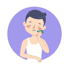 Illustration of a beautiful young man taking care of her facial skin and doing a gua sha massage with a massager