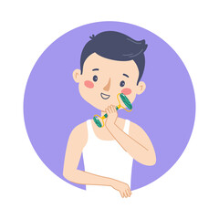 Illustration of a beautiful young man taking care of her facial skin and doing a gua sha massage with a massager