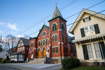 Cold Spring, NY - USA - Nov 12, 2022 Horizontal view of Our Lady of Loretto Church, a Roman Catholic church.