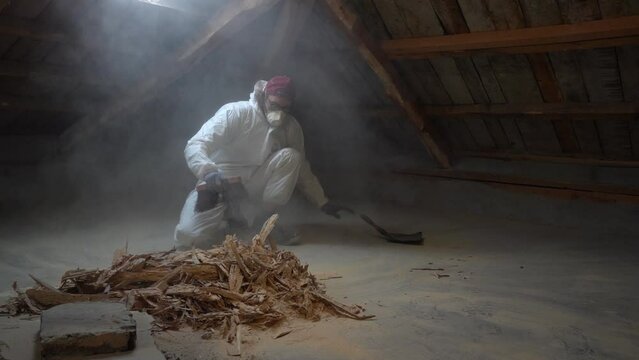 Worker Cleaning Up Wood Dust and Dead Wood During Renovation
