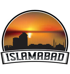 Islamabad Pakistan Skyline Sunset Travel Souvenir Sticker Logo Badge Stamp Emblem Coat of Arms Vector Illustration EPS