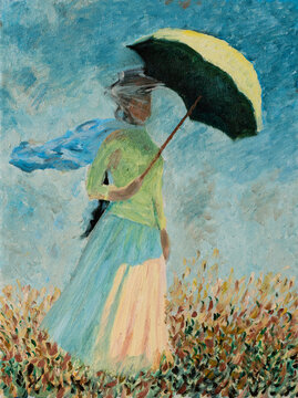 Oil painting reproduction of a Woman With A Parasol or Study Of A Figure Outdoors Facing Right famous oil painting by Claude Monet.