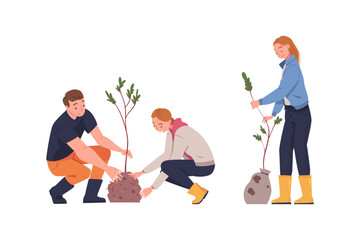 Man and Woman Character Planting Tree Sapling in Soil Taking Care of Planet and Nature Vector Set