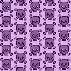Seamless pattern skulls concept purple background pixelart illustration