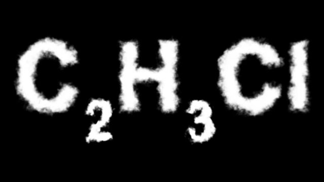 C2H3Cl or Tungsten Chloride Molecule Symbol Smoke Cloud Text Effects Animation on Black Background and Green Screen