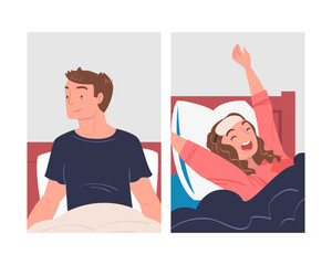 Man and Woman Character Waking Up Feeling Happy Stretching Out in Bed Ready to Get Up in the Morning Vector Set