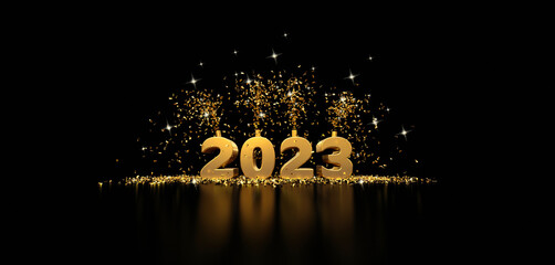 new year card 2023 gold text and party favor - dark background