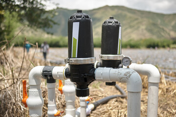 pressurized water filter by motor pump for irrigation of planted chile field