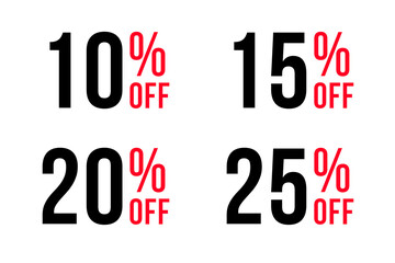 Sale discount typography. Special offer price discount in black and red colors. 10, 15, 20 and 25 percent off discount symbols with transparent background.
