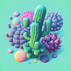 knolling 3d illustration of cactus squishy puffy texture in cozy colors - obrazy, fototapety, plakaty