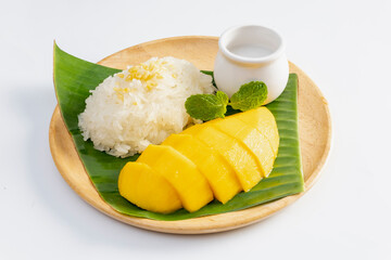 mango with sticky rice is popular traditional dessert of thailand.