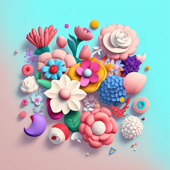 knolling illustration of flowers squishy puffy rubber plastic texture in cozy colors on blue and pink background