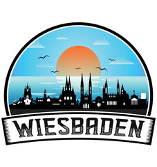 Wiesbaden Germany Skyline Sunset Travel Souvenir Sticker Logo Badge Stamp Emblem Coat of Arms Vector Illustration EPS