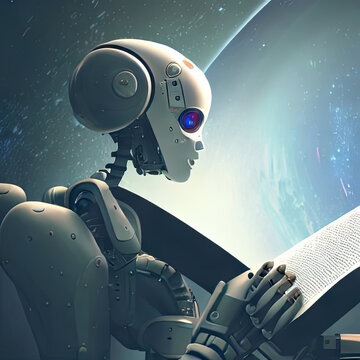 Robot in a spaceship traveling through space reading a book. Illustration, digital painting