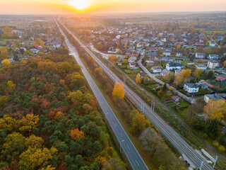 Fototapeta na wymiar Autumn Park and the road view in Pabianice - Poland