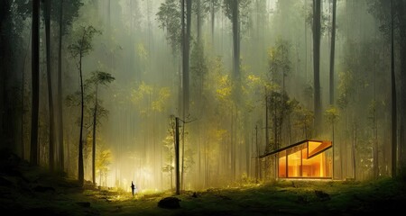 Zero Emission House, futuristic eco house environmentaly friendly housing design, net-zero home building, concept illustration