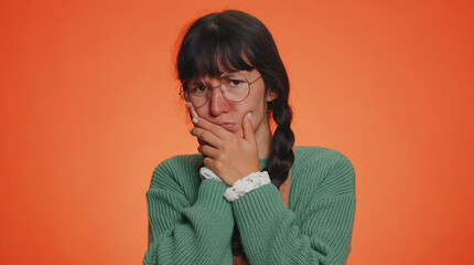 Hipster young woman touching sore cheek suffering from toothache cavities or gingivitis waiting for...