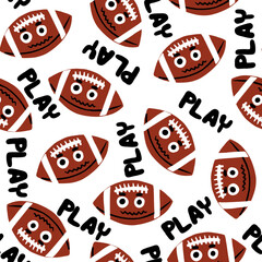 Fototapeta premium Seamless pattern with American football ball with face. Background for textile, fabric, stationery, kids and other designs.