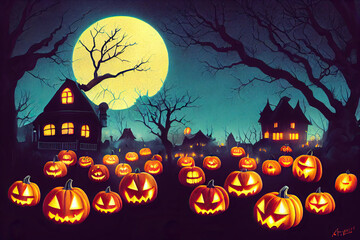 Halloween Ghost Dark Forest Pumpkin Lamps Castles.  Fantasy Backdrop Concept Art Realistic Illustration Video Game Background. Digital Painting CG Artwork. Scenery Artwork Serious Book Illustration
