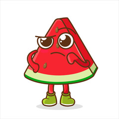 Cute Happy Watermelon Confused Cartoon Vector Illustration. Fruit Mascot Character Concept Isolated Premium Vector