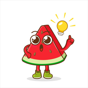 Cute Watermelon fruit character with light bulb Idea. Fruit character icon concept isolated. Emoji Sticker. flat cartoon style Vector