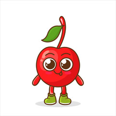 Vector illustration of funny cartoon cherry. cartoon cherry leaf smile cut line vector illustration
