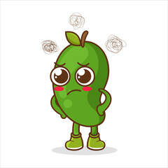 Angry character mango fruit with cartoon mascot. Green mango cartoon character with angry expression