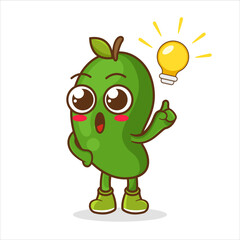Cute funny mango fruit with idea light bulb. mango character cartoon getting the idea
